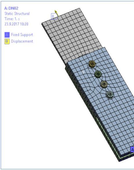 Mesh type of the model DN02 is shown in Fig. 1. 20 mm displacement is applied to the thin plate to represent the tension forces. The other two rigid plates are fix supported by their back faces.