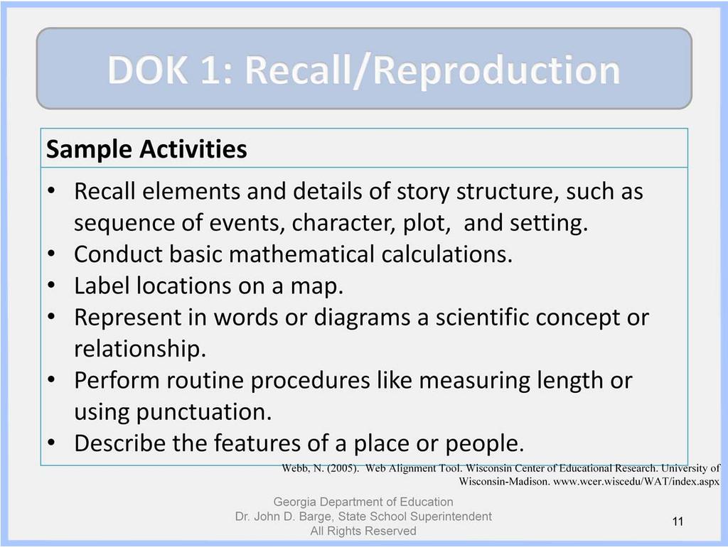 Please review the DOK Level 1 activities on the slide. These activities are DOK Level 1 because they involve recall and the response is automatic.