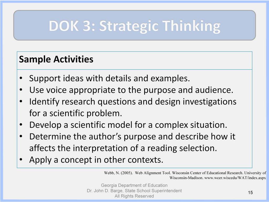 Please review the DOK Level 3 activities on the slide. DOK Level 3 activities necessitate higher cognitive demands than the previous two levels.