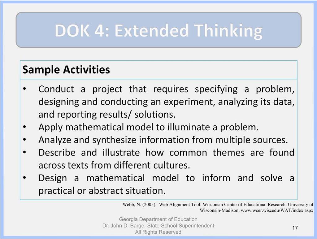 Please review the DOK Level 4 activities on the slide.
