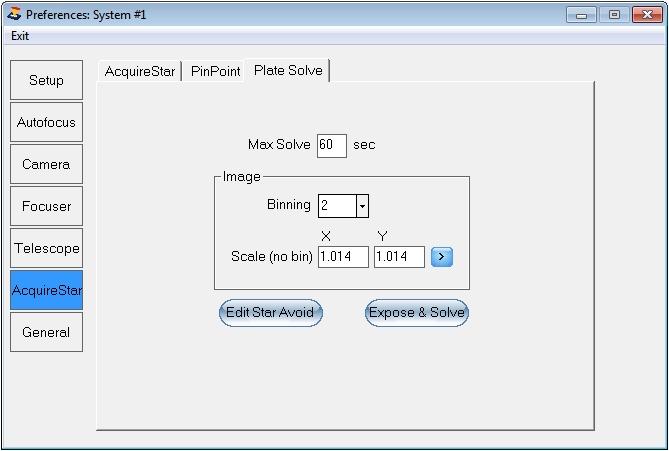 Plate Solve Tab Plate Solve Tab The Plate Solve tab is used to set the desired binning and the image scale of your