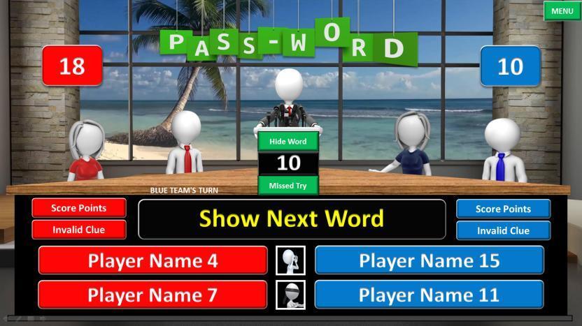 The Pass-Words round (shown above): As previously explained, the Pass-Word round is one in which teams take turns, giving and receiving clues to guess a hidden word.