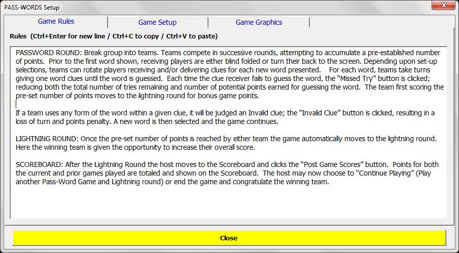 GAME RULES TAB: Displays general rules for playing the game and can be used to