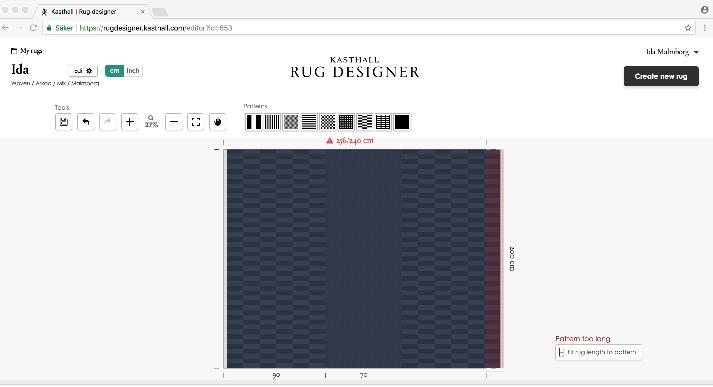 If your total pattern length exceeds your chosen rug length, you can make the rug bigger by clicking: Fit
