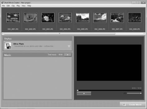 Crearea filmelor scurte Utilizaţi software-ul Short Movie Creator furnizat pentru a crea filme combinând fotografii făcute în imagine statică sau în modul Selectare inteligentă fotografie cu
