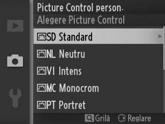 Picture Control person. Opţiunile Picture Control furnizate cu aparatul foto pot fi modificate şi salvate ca opţiuni Picture Control personalizat.