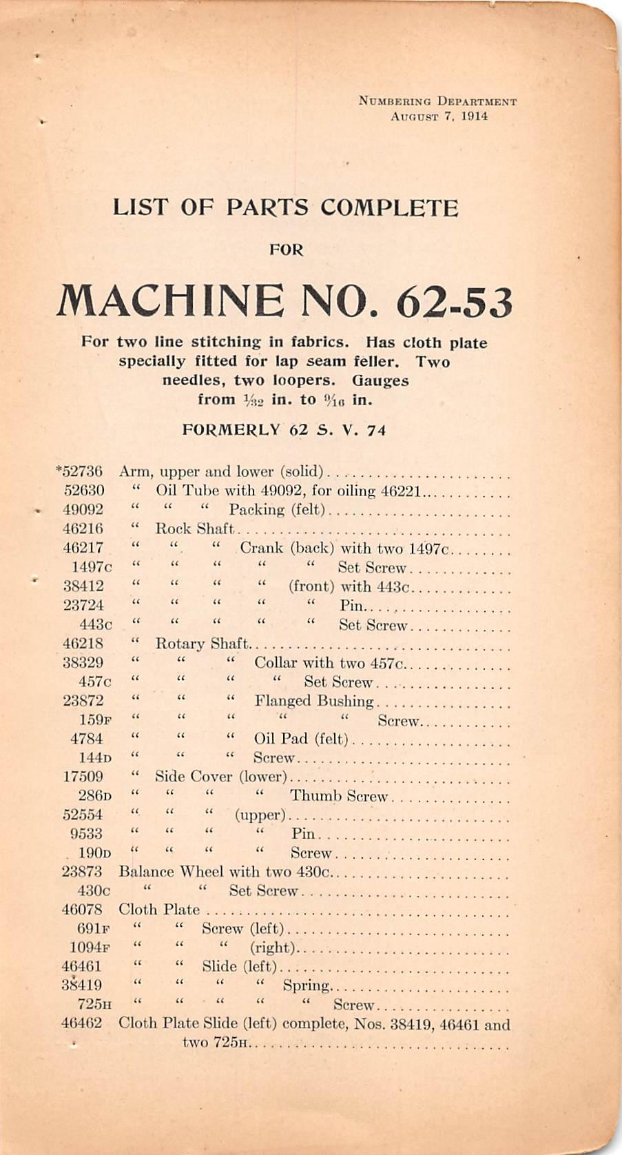 NnMBERiNO Department AunosT 7, 1914 LIST OF PARTS COMPLETE FOR MACHINE NO. 62-53 For two line stitching in fabrics. Has cloth plate specially fitted for lap seam feller. Two needles, two loopers.