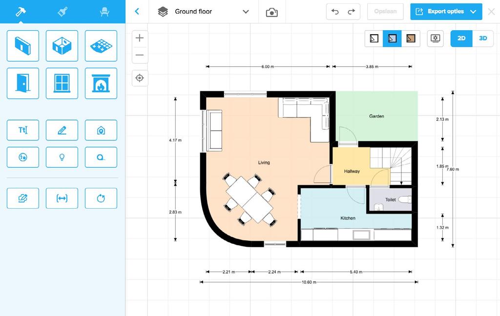 1 Overview Below you see the floorplan editor. In this tool you draw your floorplan, add doors, windows, and other architectural elements.