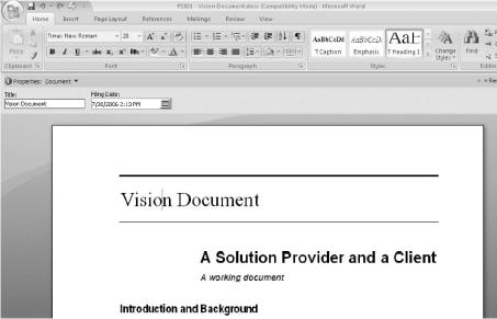 Când deschideți un document pentru editare în Word 2007, o secțiune Document Information similară cu cea din Figura 42 este afișată în partea de sus a ecranului astfel încât