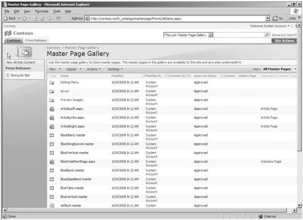 Figura 52: Accesarea Master Page Gallery din pagina Site Settings În funcție de metoda aleasă, interfața cu utilizatorul ar putea arăta un pic diferit.