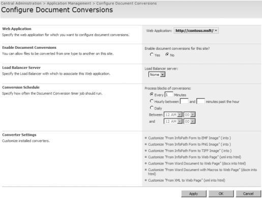 Figura 56: Pagina de configurare a conversiei documentelor Acum că serviciile de conversie ale documentelor sunt configurate și conversia documentelor este activată în site-ul de publicare, acesta va