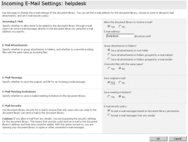 E-Mail Message alegeți Yes pentru a avea mesajul original salvat în librăria de documente ca atașament E-Mail Meeting Invitations alegeți Yes dacă doriți ca această librărie să recepționeze și să