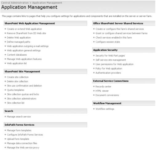 Figura 14: Pagina Application Management din Central Administration Crearea unei aplicații web O aplicație web este definită de un număr de port sau Host Header : sau ambele și include o application