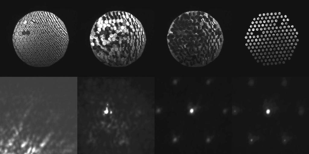 DM states visualized in bright pupil and dark focal outputs Left to right: DM at system startup, after setting all segment PTT values to 0, following coarse flattening (relative to delay arm