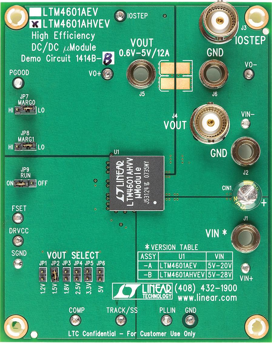 LTM4601AHV 5V IN to 28V IN, 12A Step-Down µmodule Regulator DESCRIPTION Demonstration circuit 1414B-B features the LTM 4601AHVEV, the high efficiency, high density switch mode step-down power module.