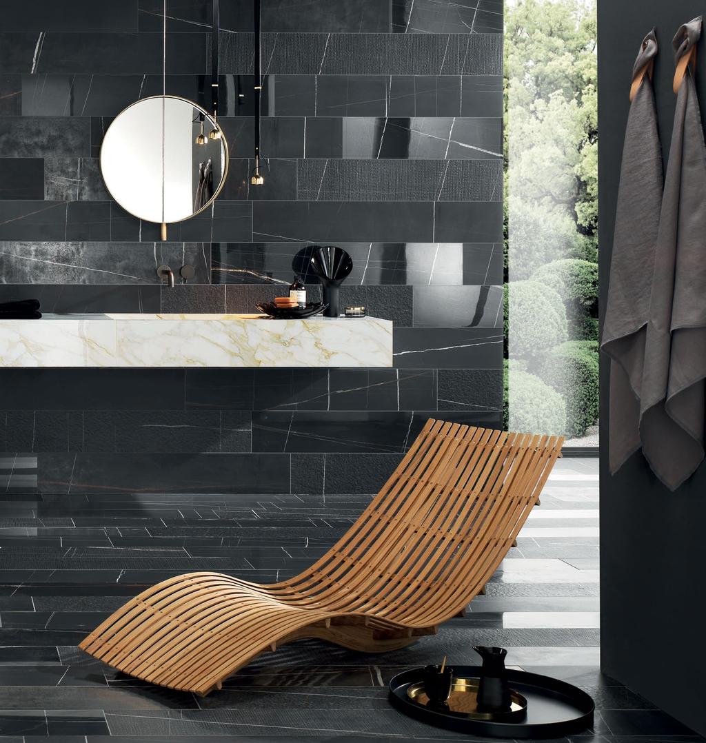 SAHARA NOIR LISTELLO MIX Part of the Marble Experience collection, the Sahara Noir Listello is a mix of six different finishes; Naturale, Lappato, Honed, Rullato, Bocciardato and