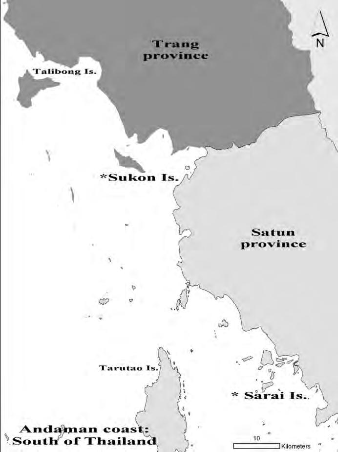 Fig. 1: Map showing the two study areas, Sukon Island in Trang Province and Sarai Island in Satun Province. Both study sites were located along the Andaman coast of Southern Thailand.