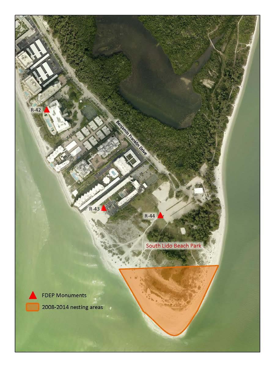 Lido Key A FDEP Monuments 2008-2014 nesting areas Areas on