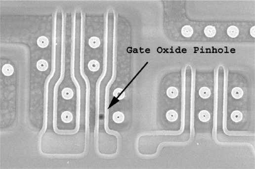 Pinhole in MOSFET gate oxide, Photo from LSI Logic