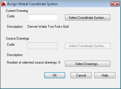 Once the drawing is open, click Assign Coordinate System on the Quick Tools tool palette; or use the Task Pane as shown previously: The Assign Global Coordinate System pop-up will appear; replace the