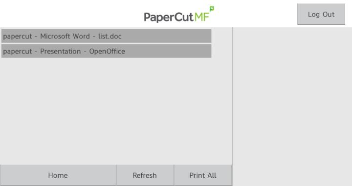 2. The list of held print jobs is displayed. 3. Select the job to release by pressing on the job. Details of the job will be displayed on the right side of the screen. 4.