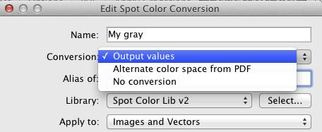 The Conversion field directly below the name of the spot color offers you a choice of three options for defining how ZePrA is to process the spot color: - No conversion leaves the spot color