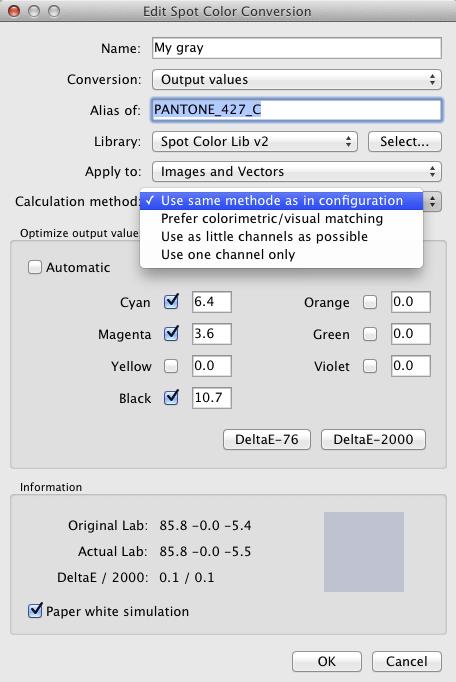 9. In the Calculation method field, you have five options. Three of the options are identical as described above for the Convert Spot Colors tab.