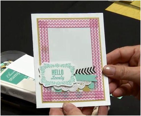 Project #2 Simple Shaker Card featuring Hello Lovely Stamp set Supplies: Stamps: Hello Lovely Stamp Set Paper: Whisper White Card Base & layer, Summer Starfruit layer, Modern Medley DSP scrap and