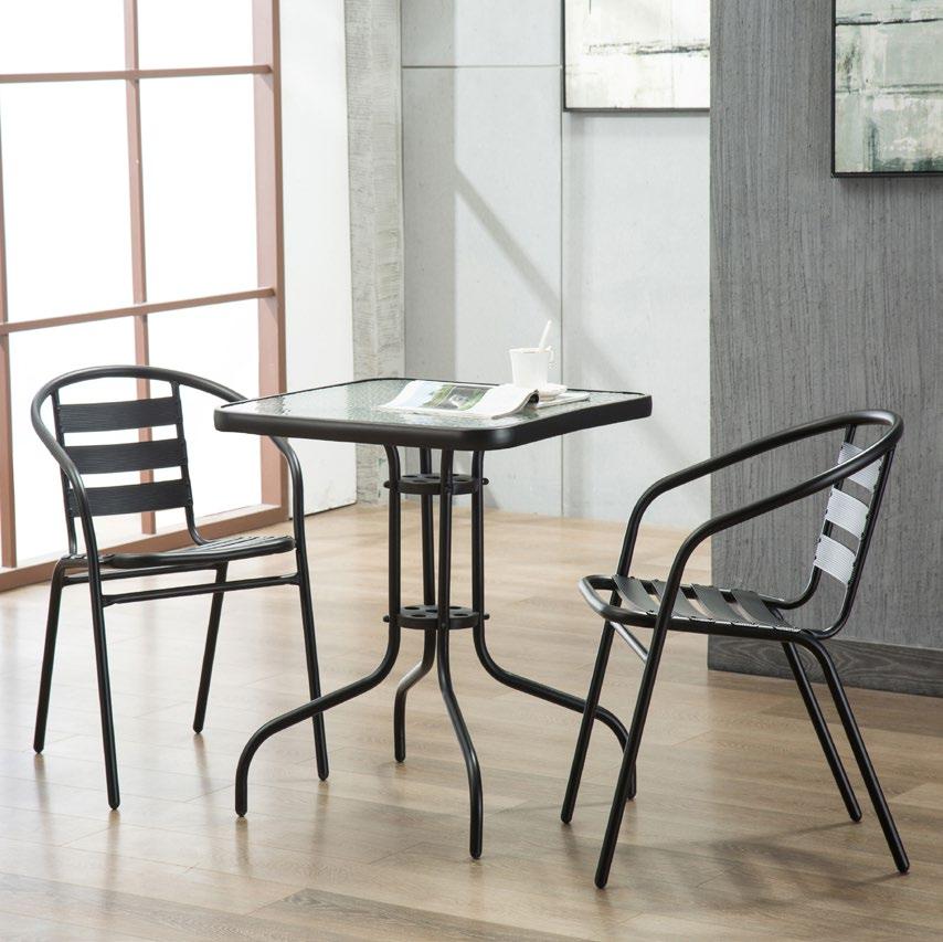 Designed for both indoor or outdoor use, these stackable chairs & tempered glass tables are suitable for use in a restaurant or at home.