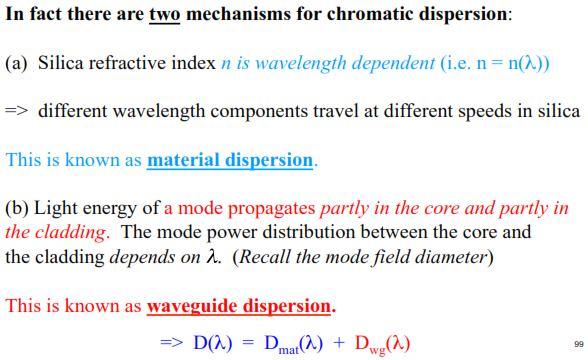 Waveguide Dispersion, D W occurs because optical energy travels in both the core and cladding at slightly different speeds.