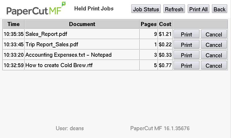 Print release screen showing the jobs awaiting