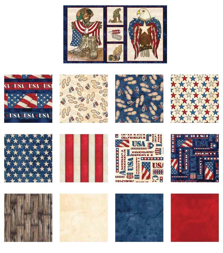 merican Honor Quilt 3 inished Quilt Size: x 91 abrics in the merican Honor Collection Soldier Panel - lue 334P-77 US Stripe - lue 33-77 ootprints & Dog Tags Ivory 336-41 ootprints & Dog Tags