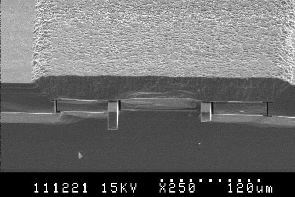 Input Electrode Suspended resonator beams Resonator Beam Output Electrode Bias Voltage Resonator Beam Input Electrode (a) Cross-section Electric contact Oxide Vacuum Cap Resonator Beam Substrate (b)