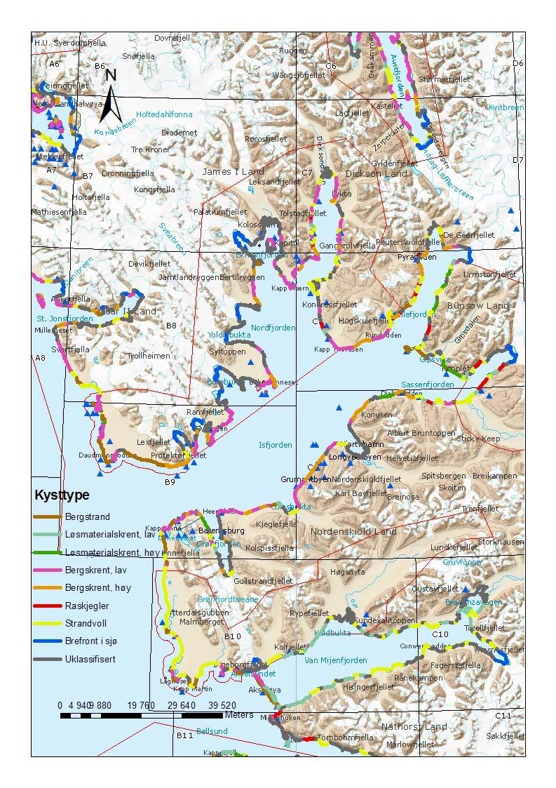 Page 65 Figure 9-5 indicates various shore types in Isfjord and surrounding areas. These categories are used in relation to environmental impact for habitats/natural areas.
