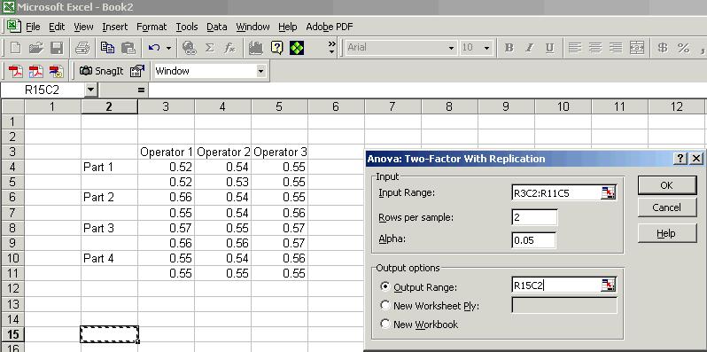 Example 6-1 Figure: EXCEL Two-Way Data Spreadheet for the In-Cla R&R Study