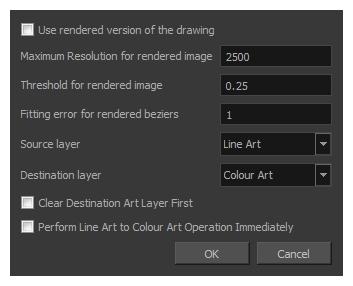 Harmony 15.0 Paint Reference Guide Configure Line Art to Colour Art Dialog Box The Configure Line Art to Colour Art dialog box lets you modify settings for the Line Art and Colour Art layers.