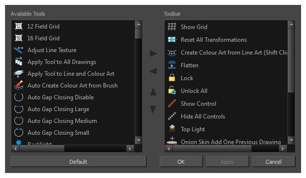 Harmony 15.0 Paint Reference Guide Toolbar Manager Dialog Box The Toolbar Manager dialog box lets you customize the toolbar in any of the views.