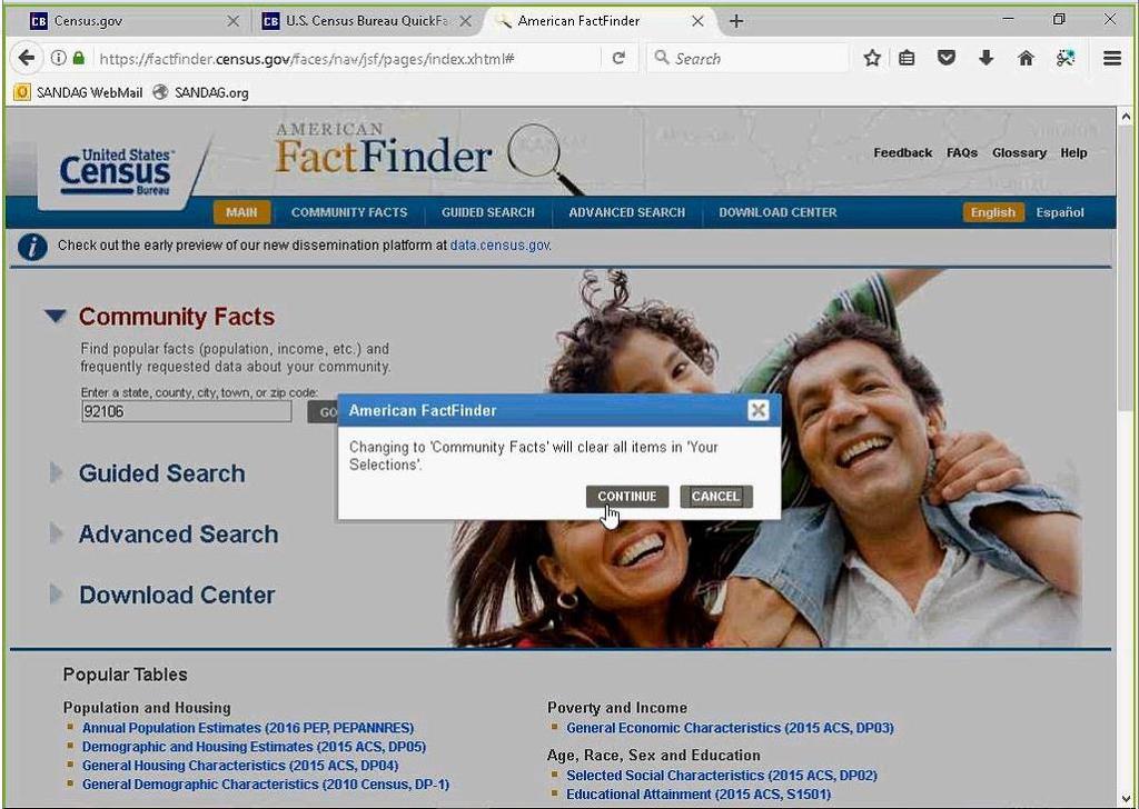 Now, I want to show you Community Facts. Go back to the Data tab and choose Data Tools & Apps and American FactFinder. Community Facts is in the middle of the page.