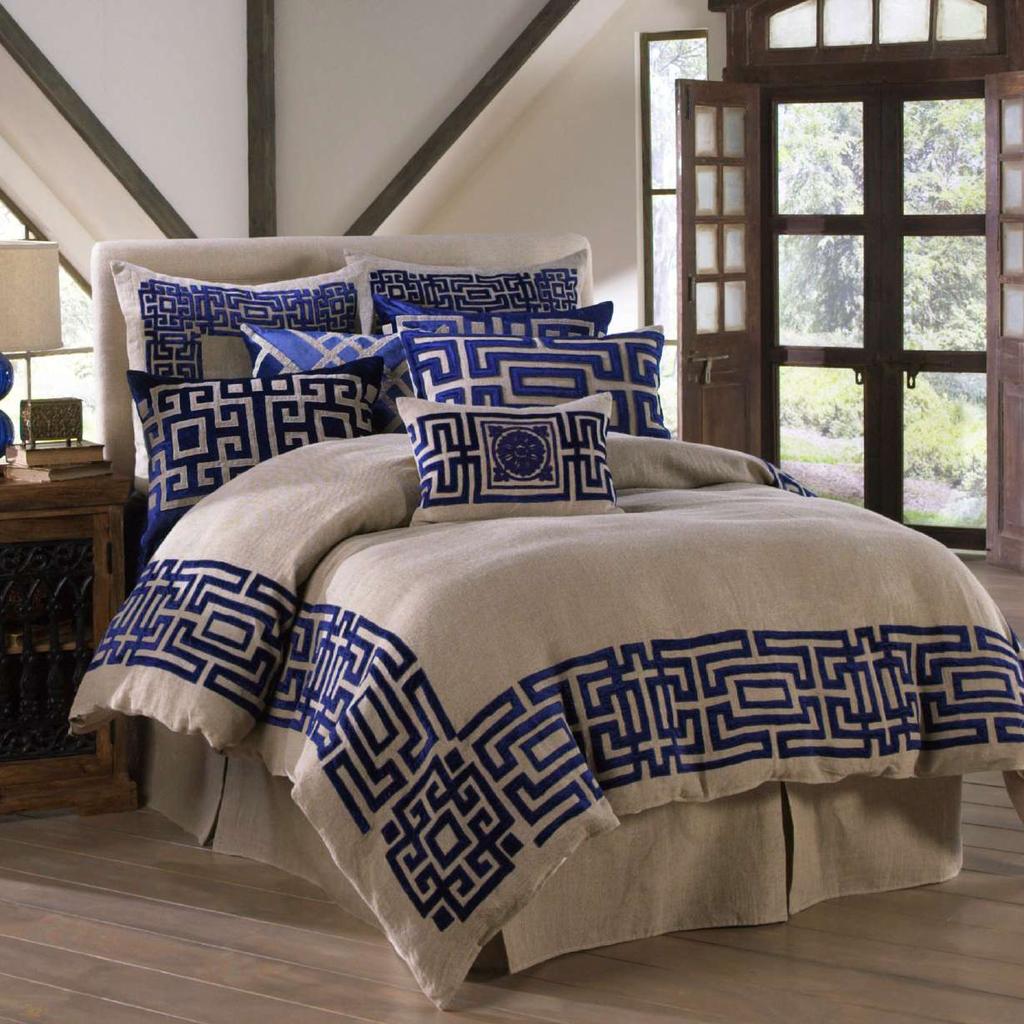 BERGAMO The Bergamo Bedding Collection A modern bedding collection featured in a Jute linen fabric with our classic Greek key pattern border in a rayon velvet