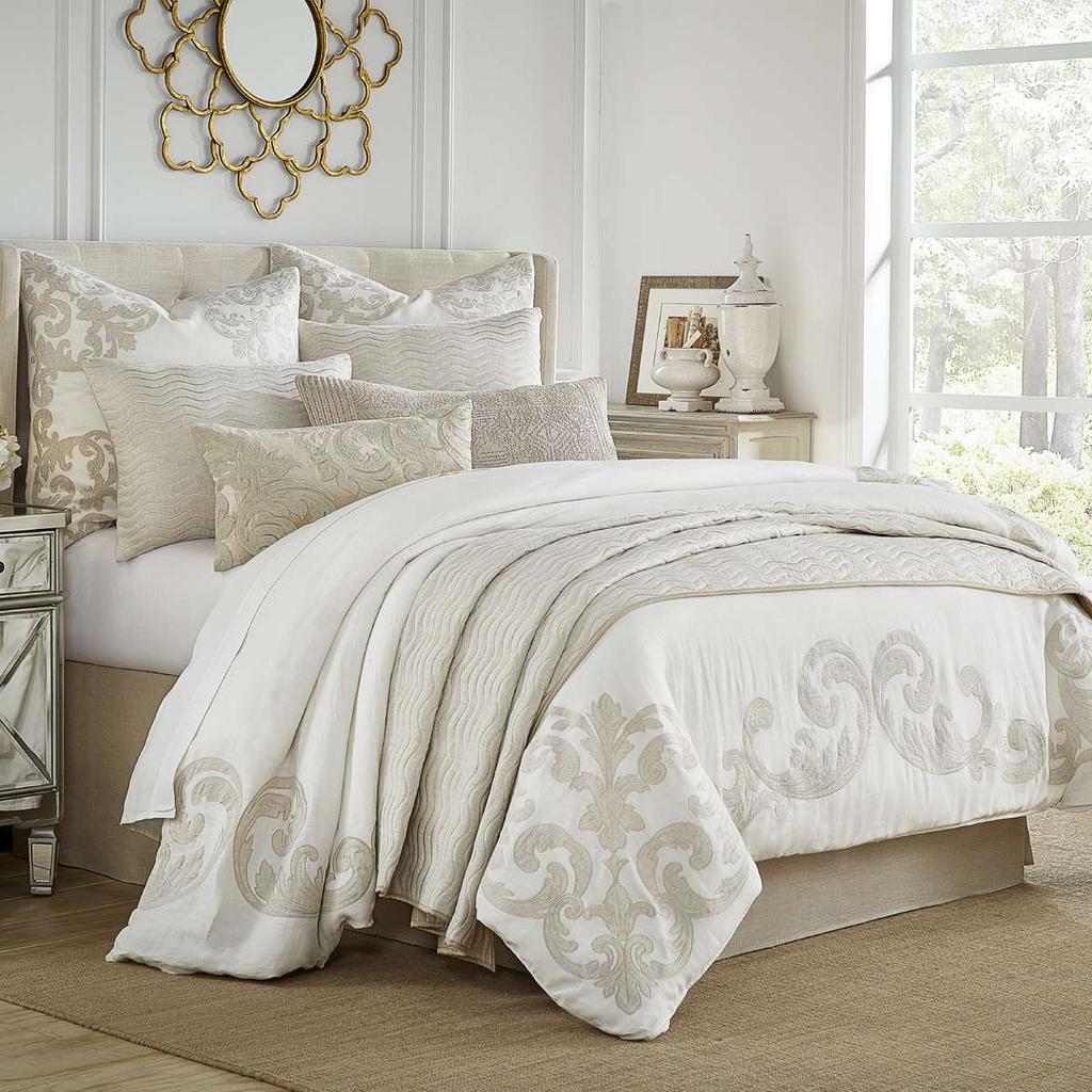 CARRIAGE The Carriage Bedding Collection Our newest elegant bedding collection handcrafted in our softest linen, featuring a hand-applied cartouche border applique in linen; this