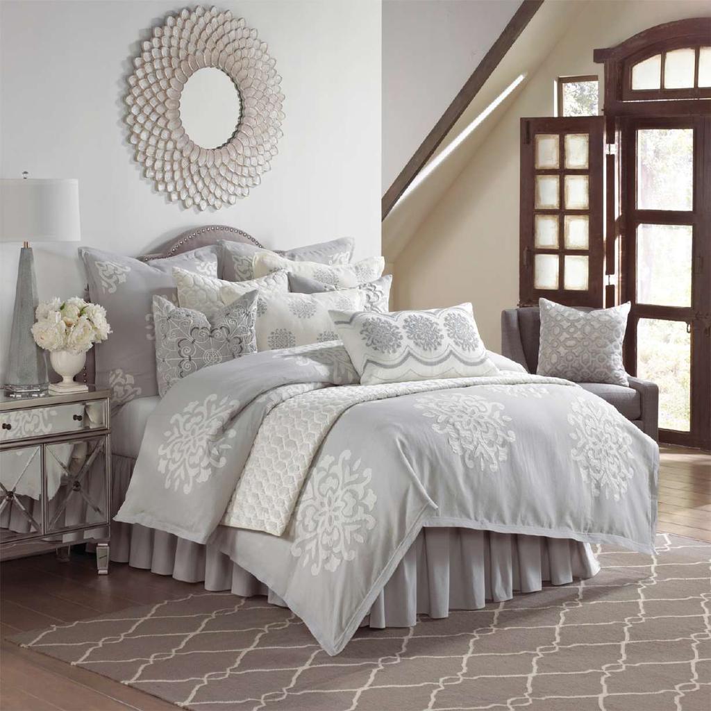HILL COVE The Hill Cove Bedding Collection A unique linen bedding collection handcrafted with all over linen applique medallions; an exquisite ensemble inspired by an ocean