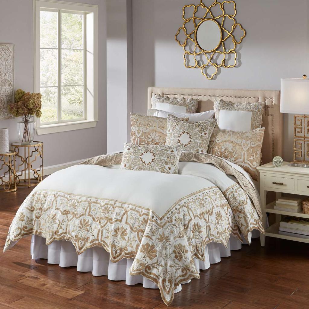 MORENA The Morena Bedding Collection An ornate bedding ensemble with a handcut scalloped border, crafted in our finest linen and accented with rich velvet applique and metallic embroidered details;