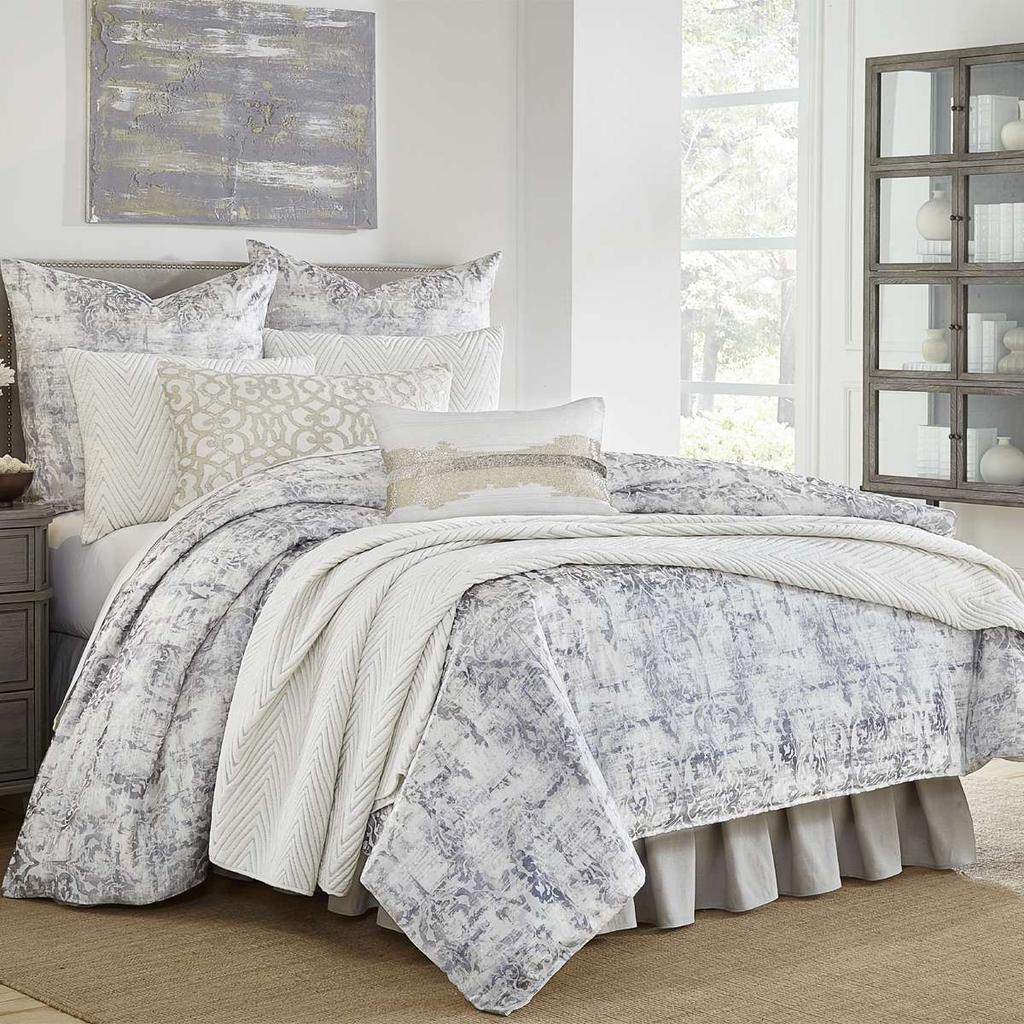 ABRAMO The Abramo Bedding Collection An elegantly printed bedding collection in our softest cotton fabric with an all-over silver print that has been hand-applied to create a beautiful and