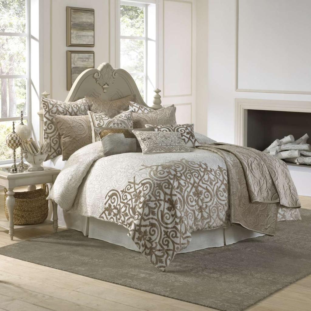 TORNIO The Tornio Bedding Collection An intricately handcrafted linen bedding collection; this all-over Renaissance pattern features complete embroidery and hand applied velvet trim that