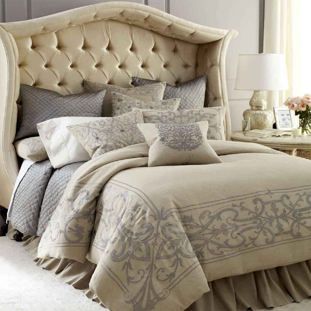 WESTERLY The Westerly Bedding Collection A timeless Callisto Home bedding ensemble with a traditional pattern, crafted in our lightest linen with hand appliqued silk taffeta and embroidered details;