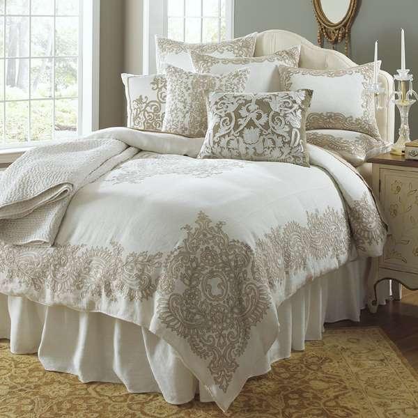AVALON The Avalon Bedding Collection An elegantly handcrafted bedding collection in a soft linen blend with hand applied silk taffeta trim and center medallion; this