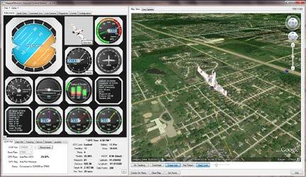 UavDevBoard's MartixPilot as data input. Graphical user display including Google Maps/Earth interface and live video feed.