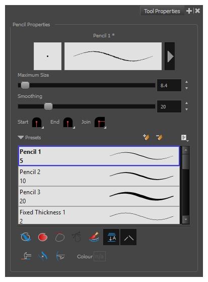 Harmony 16.0 Paint Reference Guide Pencil Tool Properties The Pencil tool allows you to draw simple contour lines that are defined by their centerline and their thickness.