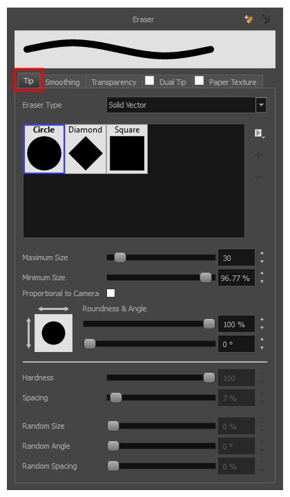 Harmony 16.0 Paint Reference Guide Property Description Allows you to select between one of the following eraser types: Solid Vector: Simply cuts out the eraser stroke's shape from the vector artwork.