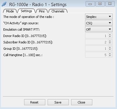 1. RG-1000e Customer Programming Software (RG-1000e CPS) 23 The Settings tab defines the additional gateway interface settings accordance with the selected operation mode.
